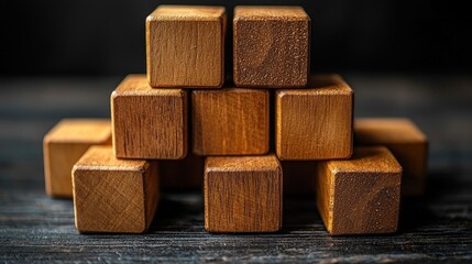 Wooden blocks pyramid stacked on dark wood