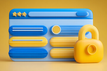 3D illustration of a web interface with input fields and a large yellow padlock symbolizing online security or privacy.