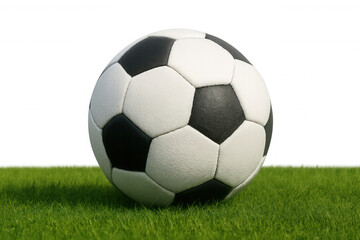 Fototapeta premium Soccer ball resting on verdant grass, pristine white panels gleaming, poised for imminent play