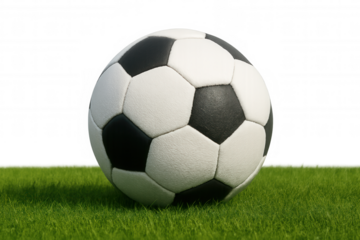 Soccer ball resting on verdant grass, pristine white panels gleaming, poised for imminent play