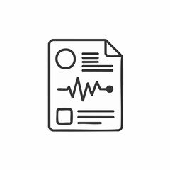 Simple line icon of a medical report with a vital sign heartbeat. Health checkup results document.