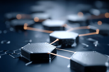 Hexagonal nodes connected by glowing lines representing a futuristic digital network or blockchain technology.