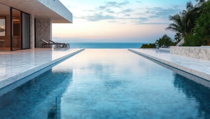 Fototapeta premium Modern marble terrace with infinity pool overlooking calm ocean view during sunset with lounge chairs and lush greenery