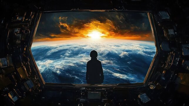 Silhouette of a person observing a dramatic sunset over Earth from inside a spacecraft window, evoking awe and contemplation