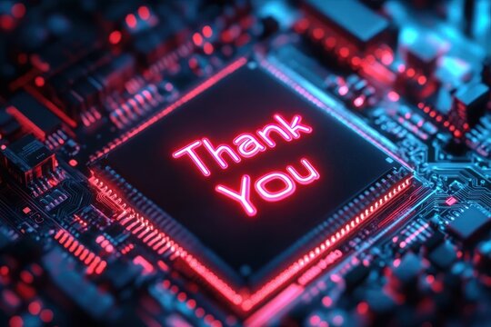 Close-up of a glowing neon red circuit chip with the words thank you displayed on it amidst detailed electronic components