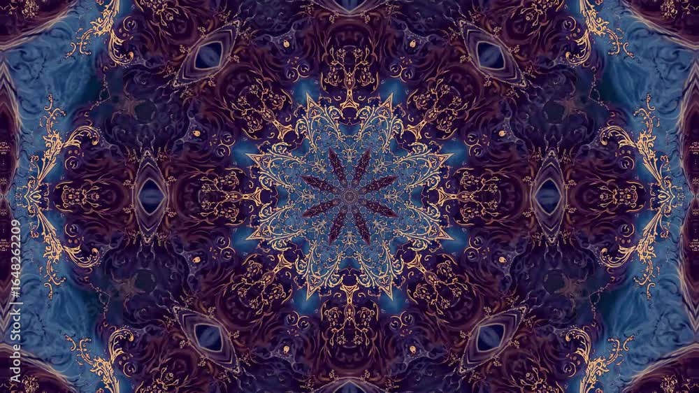 Poster mesmerizing abstract kaleidoscope patterns in deep blues and golden hues evoke a sense of wonder and