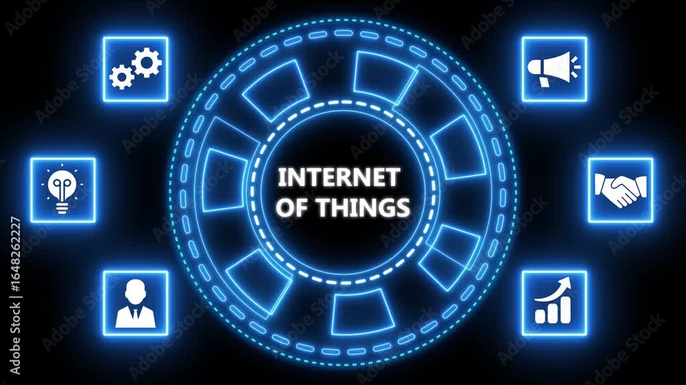 Poster internet of things concept with abstract glowing elements in a digital network.