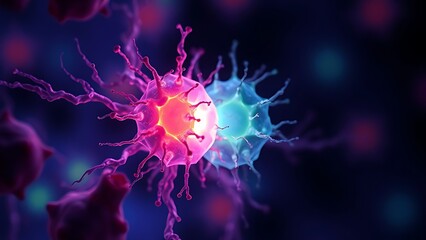 Bioluminescent dual-colored cellular structure pulsating rhythmically, revealing microscopic life energy.