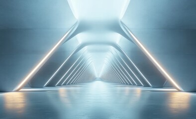 Obraz premium Futuristic empty corridor with geometric triangular light structures emitting cool white and warm yellow light reflections, creating a serene and spacious atmosphere