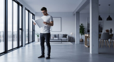 Fototapeta premium Man Reviewing Architectural Plans in Modern Minimalist Loft