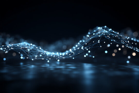 A digital wave composed of glowing nodes connected by lines, representing a network or data flow in a futuristic, abstract style. - Powered by Adobe