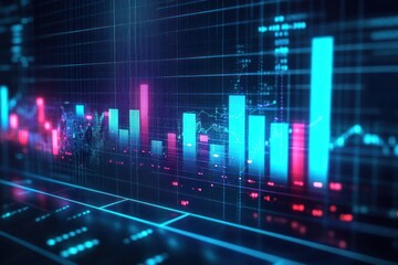 Digital 3D bar chart with glowing blue and pink bars and grid lines representing financial or data analytics visualization
