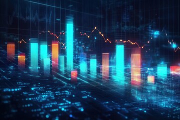 Glowing blue and orange 3D bar charts with fluctuating line graph data points in a futuristic digital financial interface