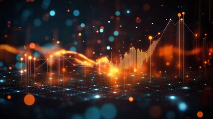 Abstract digital data visualization with glowing orange and blue points, waveforms, and rising bar charts representing dynamic information flow in a dark space