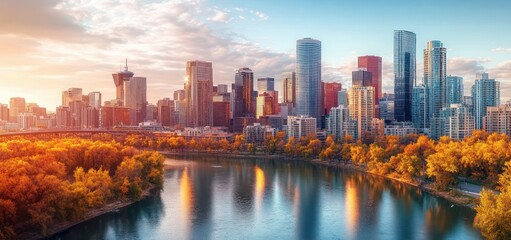 Obraz premium Modern city skyline at sunset reflecting on calm river with autumn trees lining the shore under a partly cloudy sky