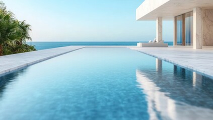 Fototapeta premium Modern luxurious house with large infinity pool overlooking calm ocean and clear blue sky with palm trees on the side