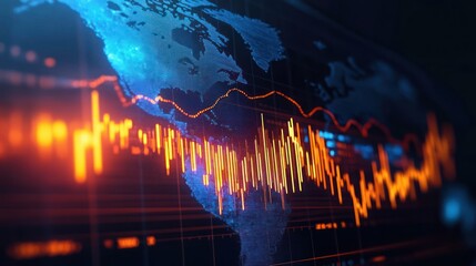 Digital financial chart overlay on a blue world map showing fluctuating orange and red data lines representing global market trends