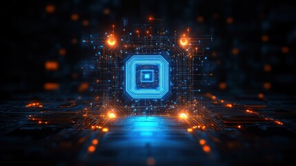 Fototapeta premium Glowing blue and orange futuristic microchip or circuit board with intricate connections and digital elements in a dark high-tech environment, symbolizing advanced technology and innovation