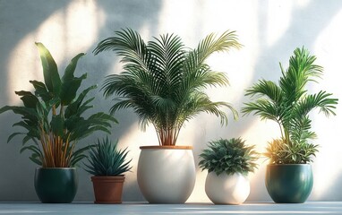 Fototapeta premium A row of five different various potted green plants lined up on the floor against a bright softly lit wall creating a calm and peaceful atmosphere