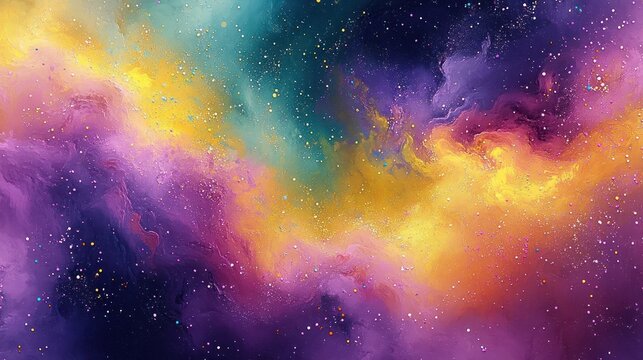 Colorful cosmic nebula with swirling clouds of purple, yellow, and blue hues scattered with tiny stars and glowing particles in deep space