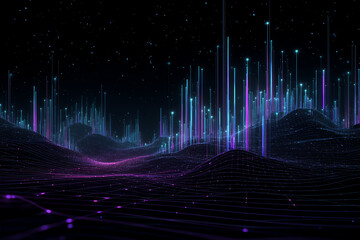 A digital landscape featuring glowing vertical light bars rising from a grid-like terrain with a starry night sky.