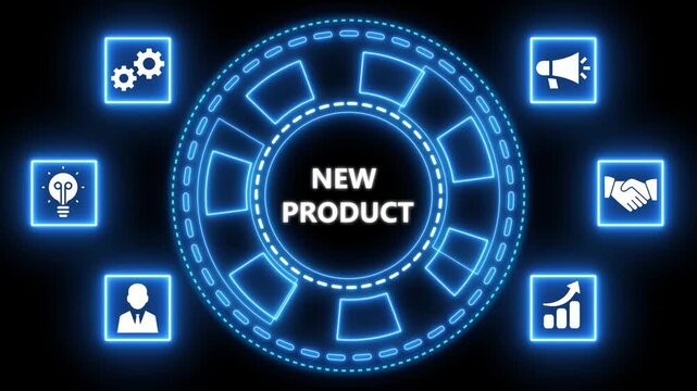 Animated neon graphic depicting new product launch with business development icons