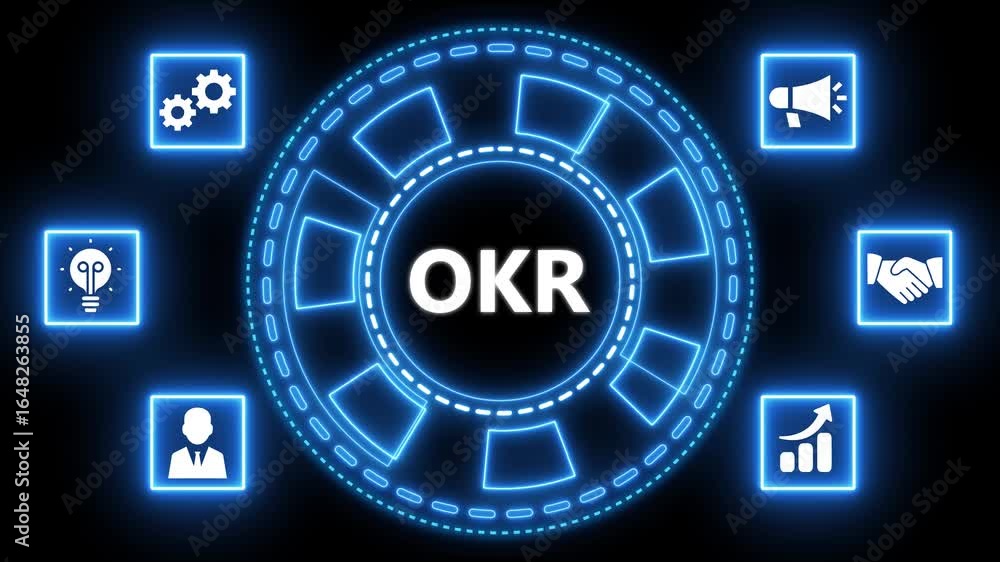 Poster animated visualization of objectives and key results with futuristic neon style