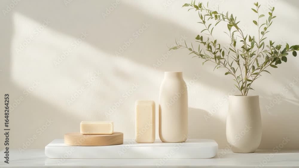 Poster minimalist display of light-colored objects and greenery in a bright and airy setting