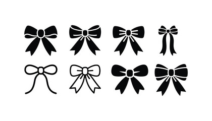 Set of decorative bow icons vector, black silhouette and outline ribbon designs for gift wrapping, fashion, celebration, and festive decoration.