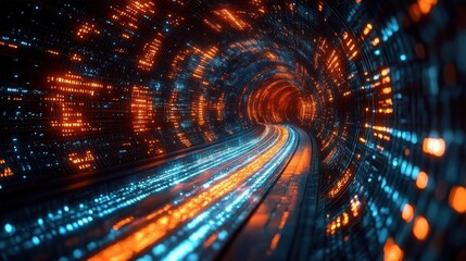 Futuristic tunnel illuminated with glowing orange and blue lights creating dynamic streaks and a sense of motion and depth