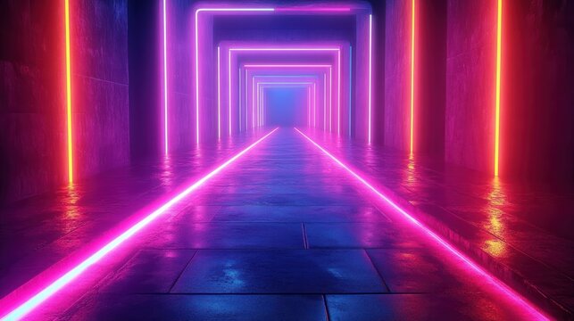 Futuristic neon lit corridor with vibrant pink and purple glowing lights creating a tunnel effect and reflective shiny floor