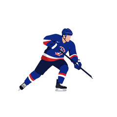 Obraz premium Dynamic illustration of a hockey player in a blue uniform, actively skating and holding a stick.