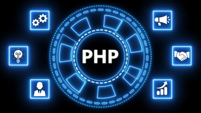 Modern php programming illustration with tech icons on futuristic digital interface