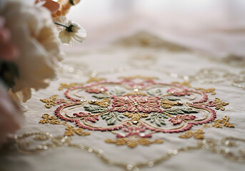 Close-up of an embroidered fabric with floral patterns and sequins, with blurred flowers in the background.