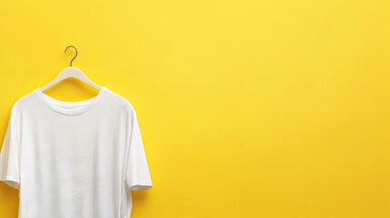 A plain white t-shirt hangs on a simple hanger against a vibrant yellow background, offering ample copy space