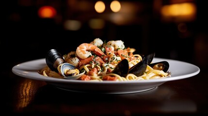 Seafood Linguine: Delicate linguine pasta tossed with a medley of fresh seafood, including shrimp, clams, and mussels, in a light white wine and garlic sauce with a hint of chili.