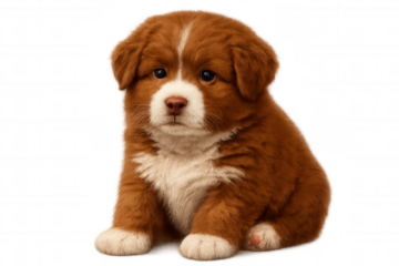Nova scotia duck tolling retriever puppy sitting attentively, white background, soft fur gleaming