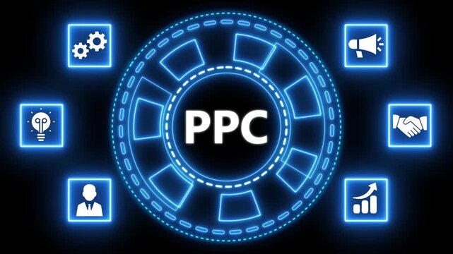 Animated ppc concept with neon graphics and business icons on black background