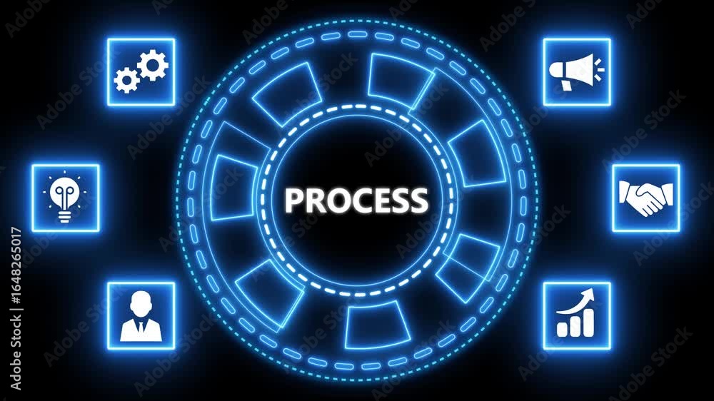 Poster animated process concept with neon lights and business-oriented iconography on black background