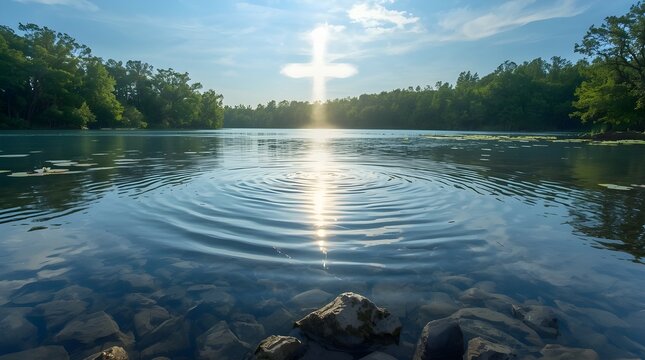Peaceful river with ripples forming a glowing baptism cross.
Beliefs of the Catholic religion
 - Powered by Adobe