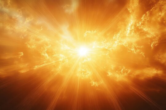 Bright sun shining through golden orange clouds with radiant sunbeams illuminating the sky, evoking warmth and hope