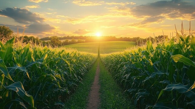 Sunset over a lush cornfield with a narrow dirt path leading through the green plants and golden sky with scattered clouds