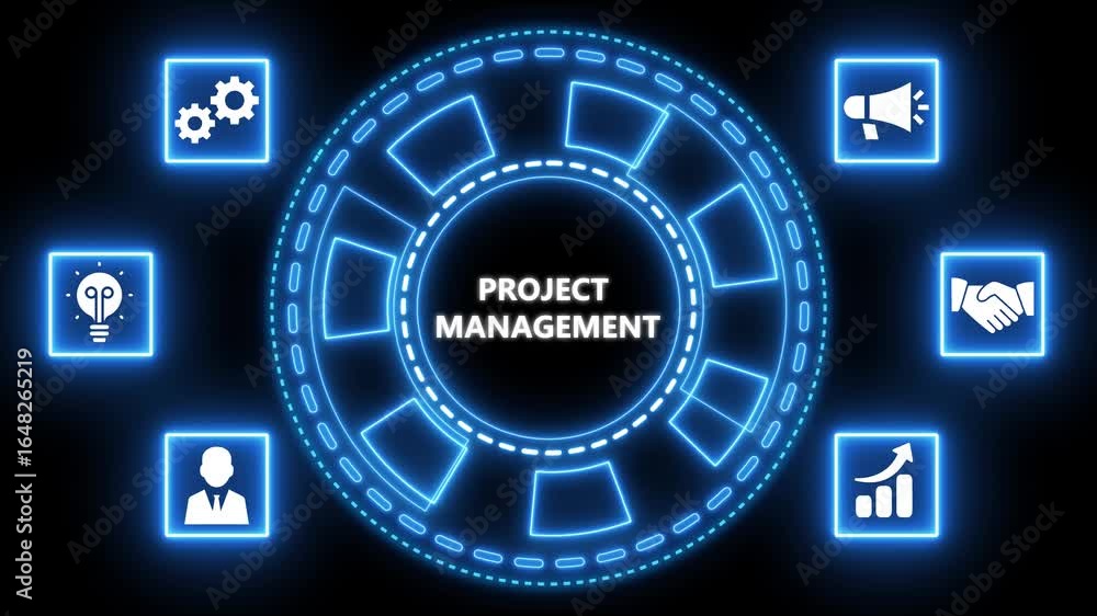 Poster digital interface displaying project management concepts and elements on a futuristic background