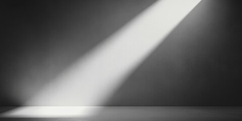Empty dark room with a single bright spotlight casting diagonal light on a bare floor and wall, creating a minimalist and contemplative atmosphere