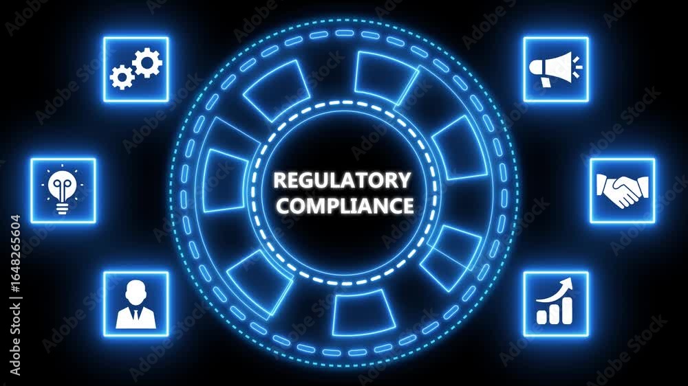 Poster animated regulatory compliance concept with glowing icons and digital interface design
