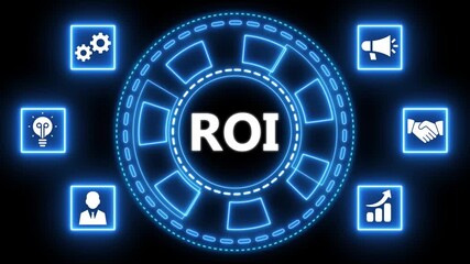 Animated neon roi concept with business icons on a dark black background - Powered by Adobe