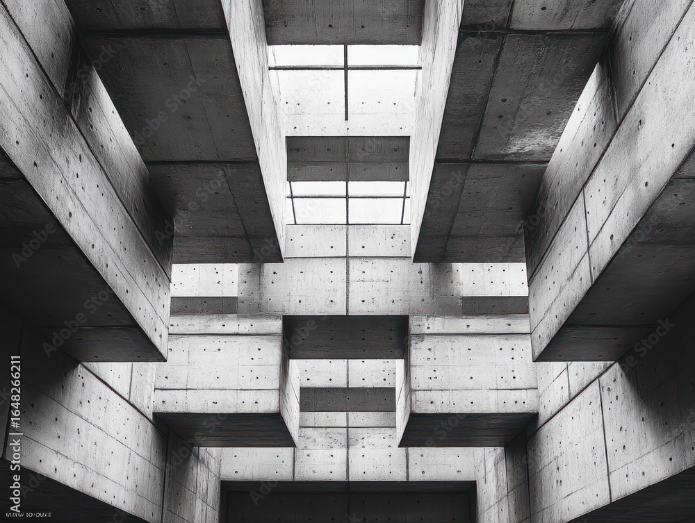 Aufkleber abstract view inside a modern concrete building showing geometric ceiling structure with intersectin