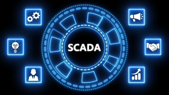 Scada system concept illustrated with glowing blue icons and circuitry animation