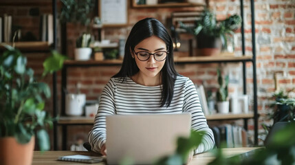 A beautiful woman wearing glasses and striped shirt is sitting at her desk in front of the laptop, working on digital marketing with creative ideas for social media advertising. 