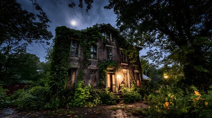 Obraz premium Overgrown brick house at night with moon in the sky and light coming from the front door area